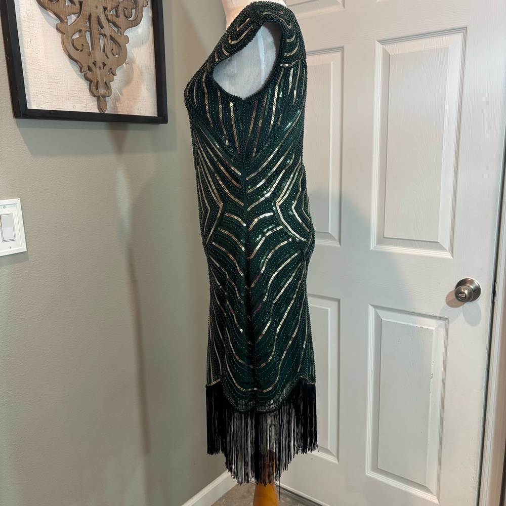 BABEYOND Women's Flapper Dress 1920s Beaded Fringed Great Gatsby Green Medium - Picture 4 of 9